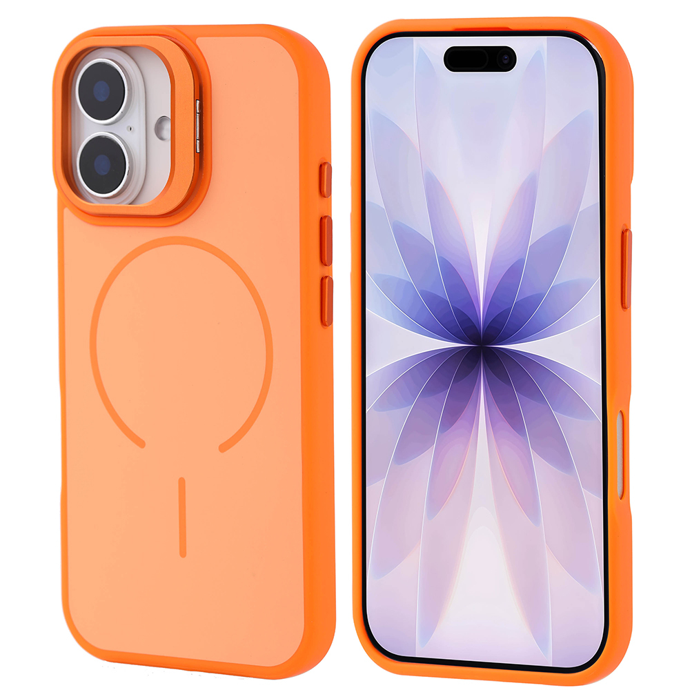 İki turuncu telefon kılıfı. Biri, daire ve çizgi tasarımına sahip arka tarafı gösterir. Diğeri ekranı gösterir.