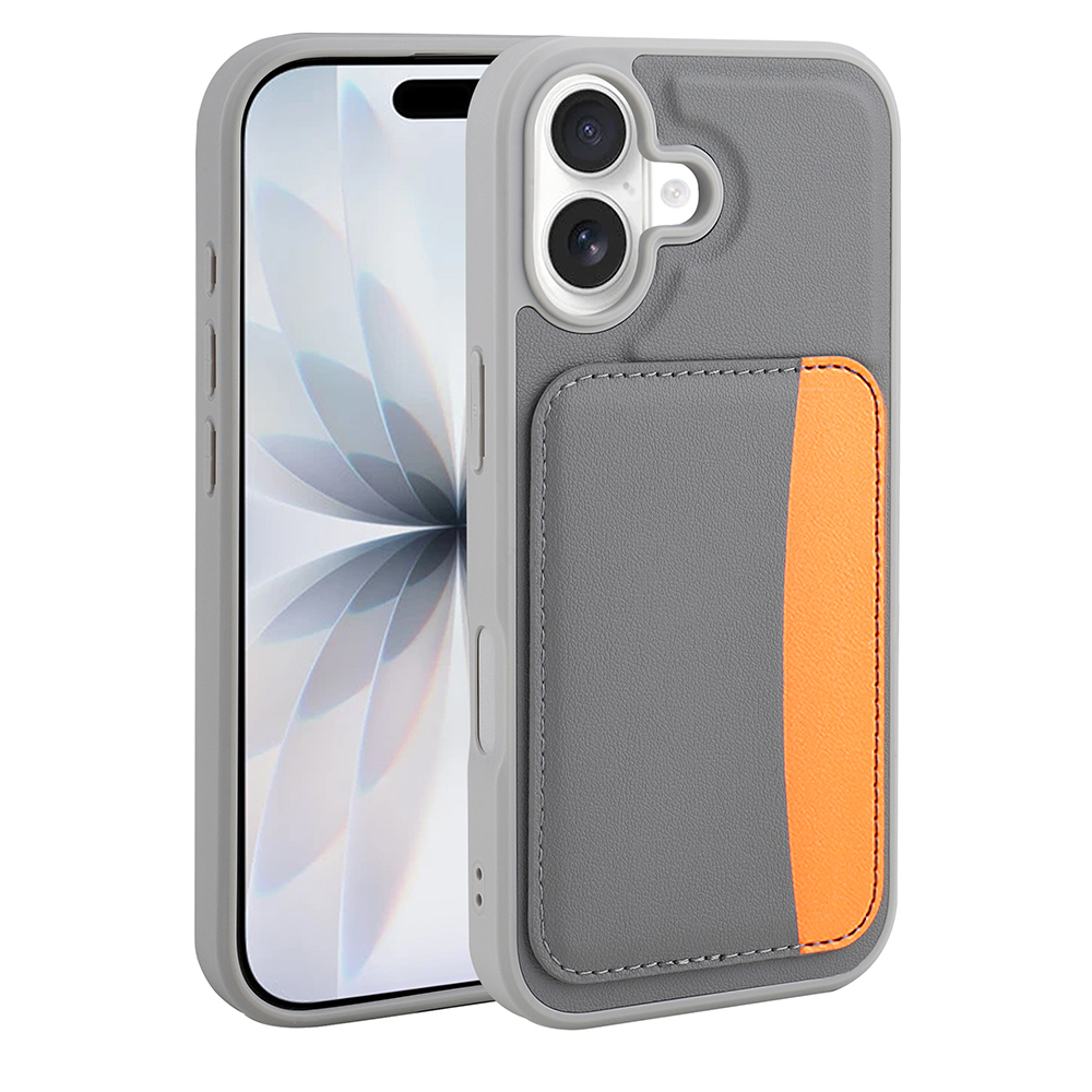 Gri ve turuncu bir telefon kılıfı. Kılıfın kartlık bölümü ve çift lensli kamera için bir kesimi var. Kılıfın içinde bir iPhone var.
