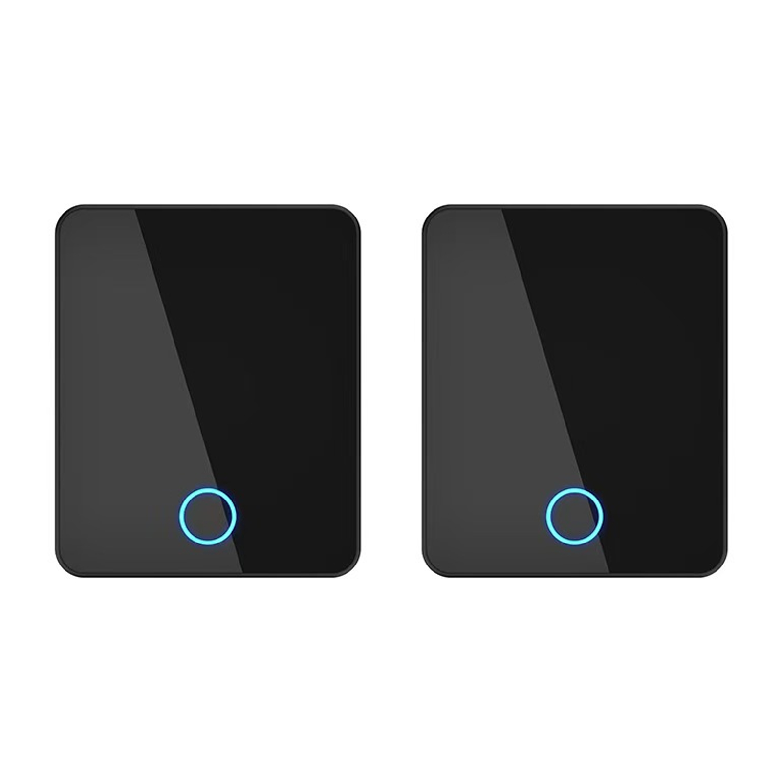 Zwei schwarze, rechteckige Smart-Schalter mit abgerundeten Ecken. Jeder hat einen blau leuchtenden Kreis unten.