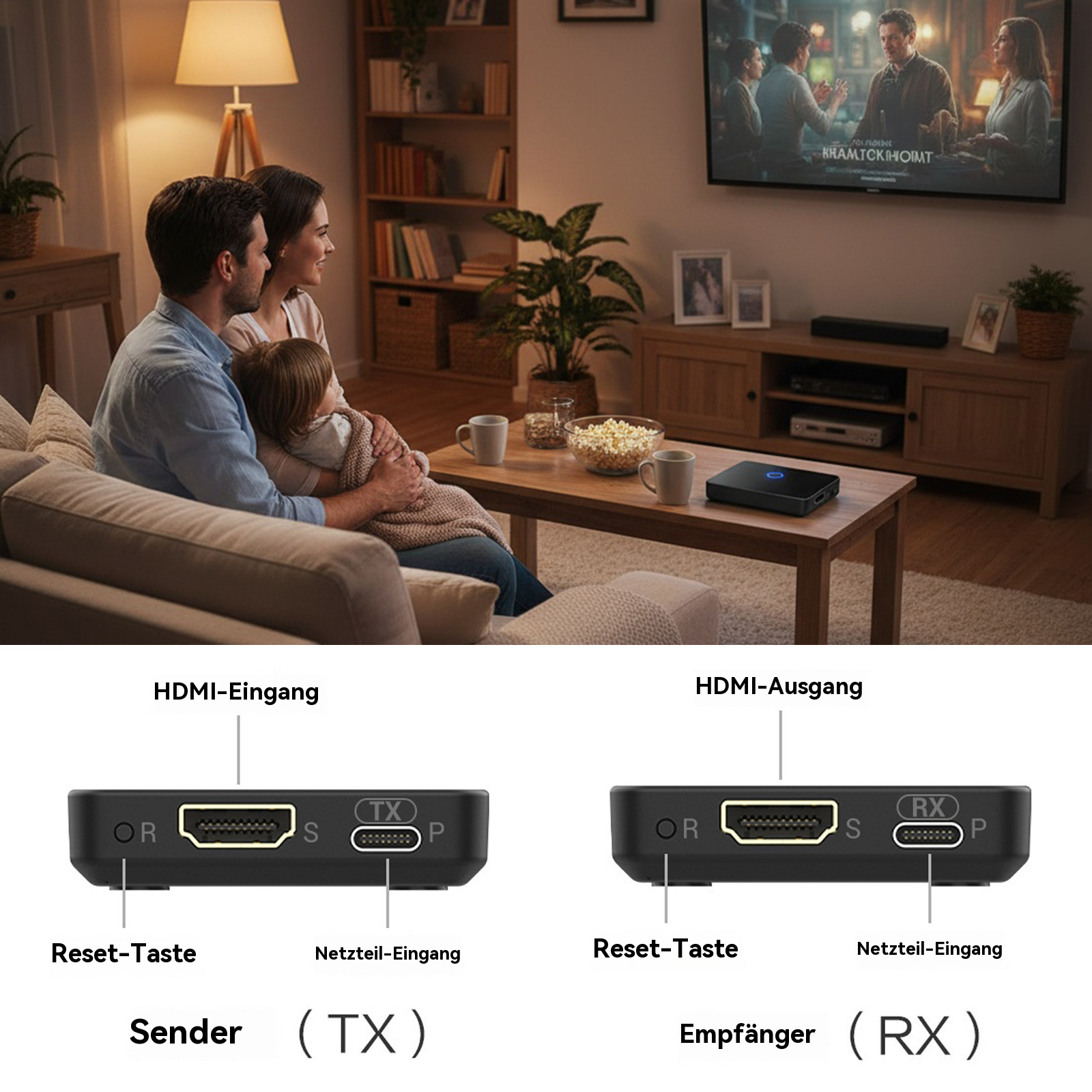 Eine Familie schaut fern. Ein Gerät mit HDMI-Anschlüssen steht auf dem Tisch, mit Labels wie 'Sender' und 'Empfänger'.