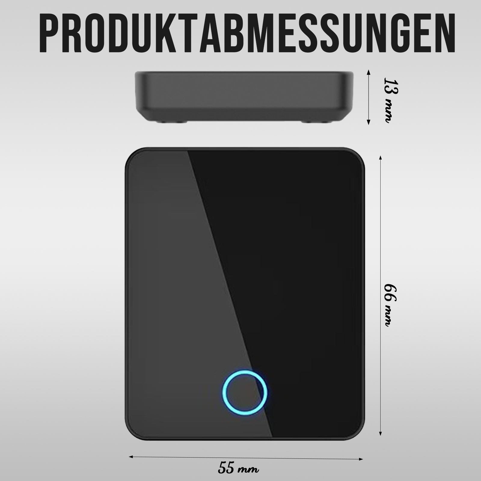 Ein schwarzes Gerät und ein quadratisches Panel mit blauem Ring und Maßangaben auf hellgrauem Hintergrund.
