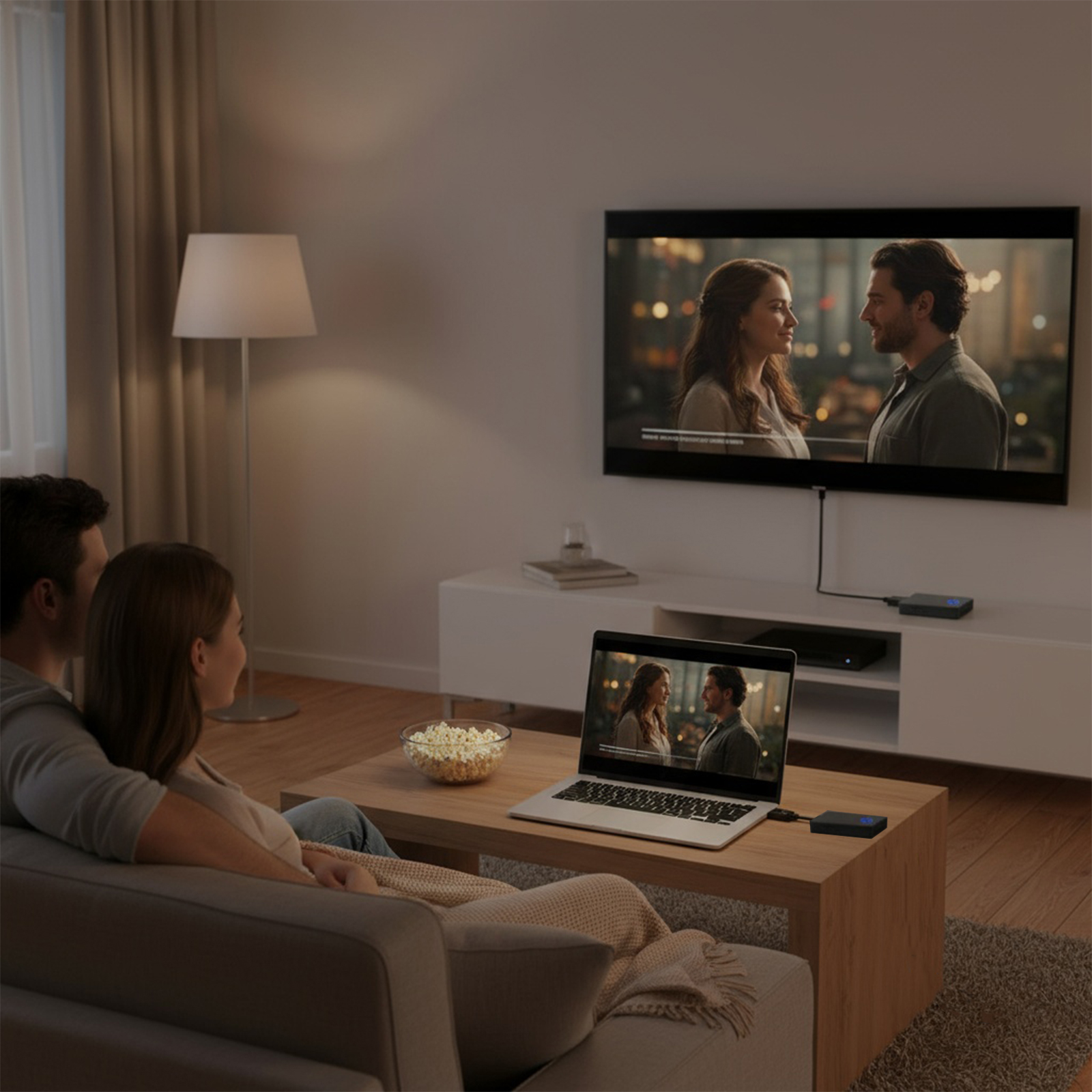 Paar schaut Film auf Fernseher und Laptop. Popcorn auf dem Tisch. Wohnzimmer.
