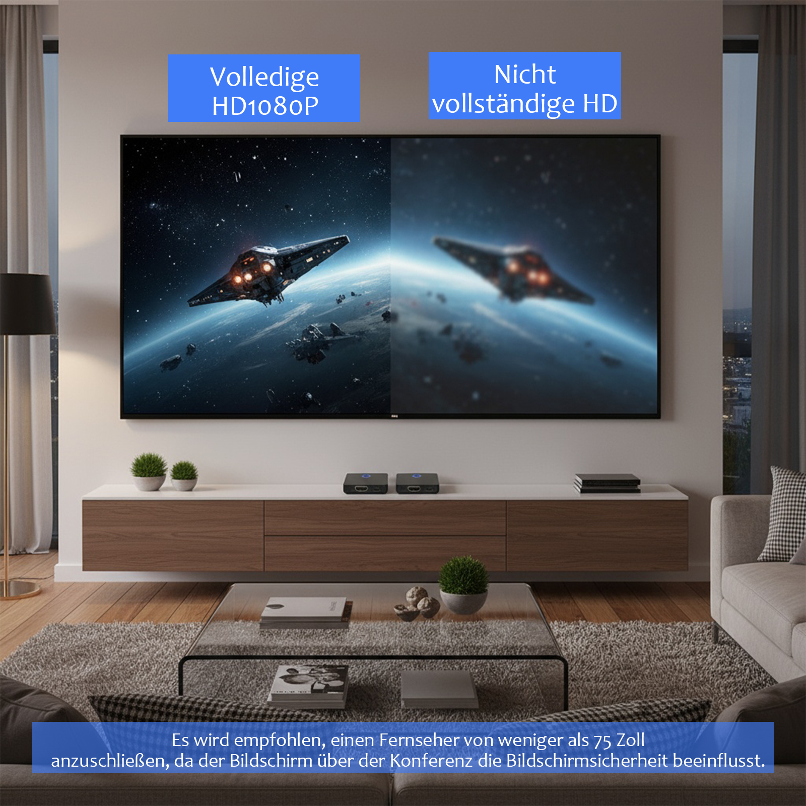 Wohnzimmer mit großem Fernseher, der ein Raumschiff im Weltraum zeigt. Text oben: HD1080P und unvollständiges HD. Möbel.