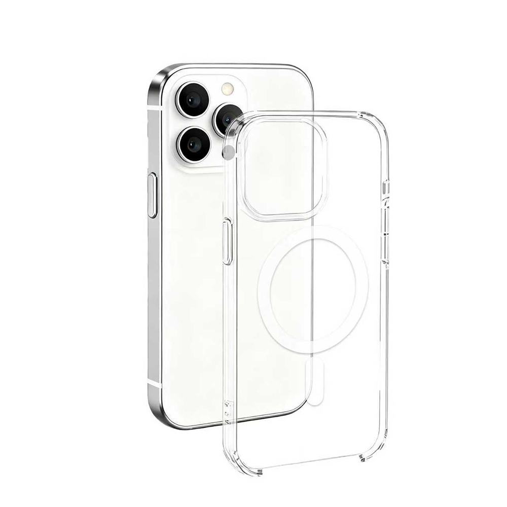 Şeffaf kılıflı bir iPhone. Telefon beyaz, gümüş çerçeveli. Kılıf şeffaf ve telefondan hafif ayrık.