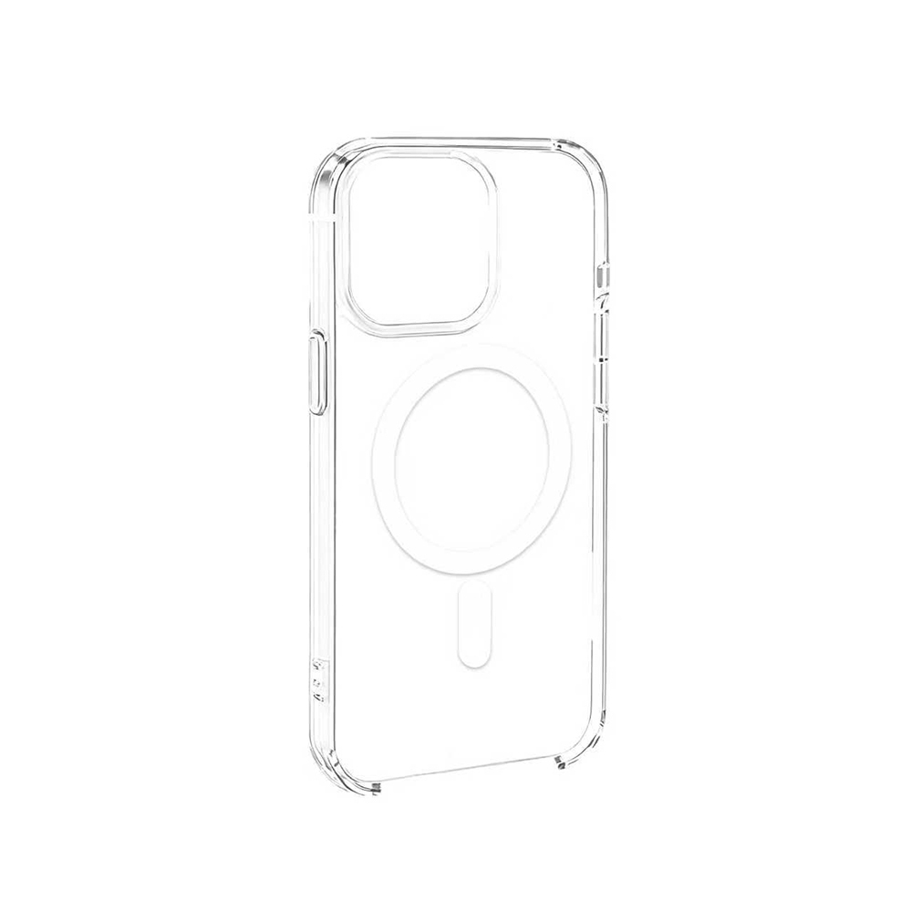 Beyaz bir arka plan üzerinde şeffaf bir iPhone kılıfı gösteriliyor. Kamera ve düğmeler için kesikleri, dairesel bir MagSafe'i var.
