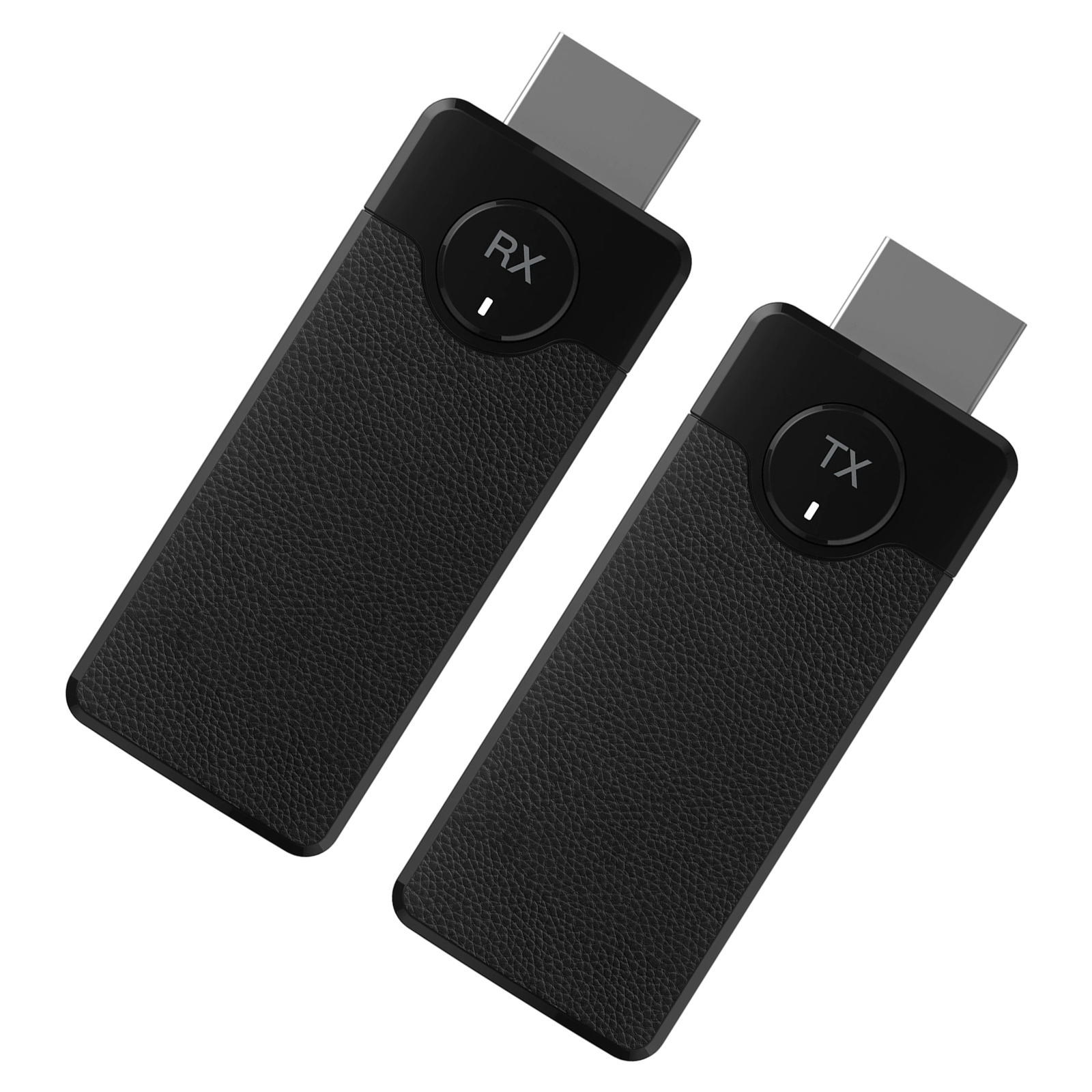 Zwei schwarze rechteckige Geräte mit HDMI-Anschlüssen. Eines mit RX, das andere mit TX. Beide haben strukturierte Oberflächen.