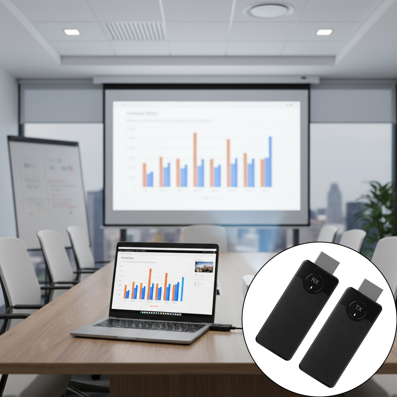 Ein Konferenzraum zeigt einen Laptop mit Diagrammen, eine Projektionsfläche und zwei schwarze HDMI-Sender.