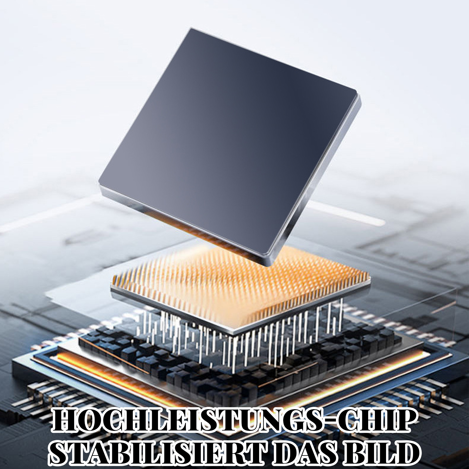 Das Bild zeigt einen detaillierten Chip mit verschiedenen Schichten. Oben befindet sich ein dunkelgraues Quadrat. Text unten: HOCHLEISTUNGS-CHIP.