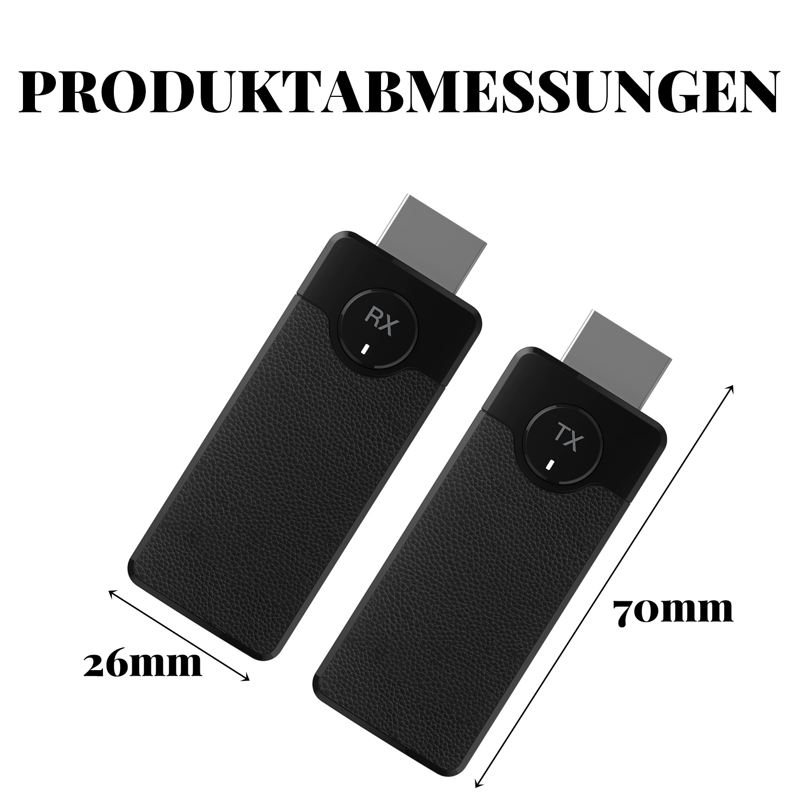 Zwei schwarze Geräte mit silbernen Anschlüssen. Eines mit RX, das andere mit TX beschriftet. Maße: 26mm und 70mm, Produktmessung.