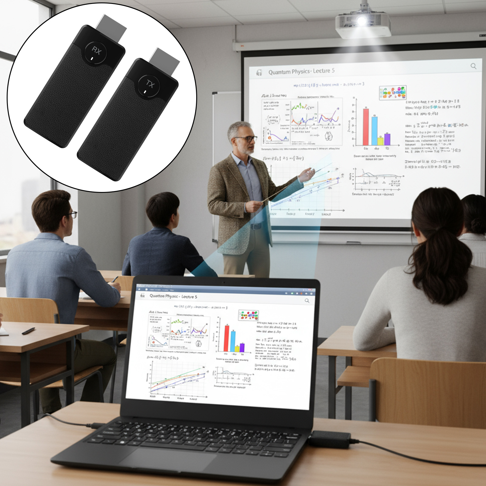 Zwei schwarze Geräte mit den Bezeichnungen RX und TX. Ein Klassenzimmer mit einer Projektionsleinwand mit Diagrammen.