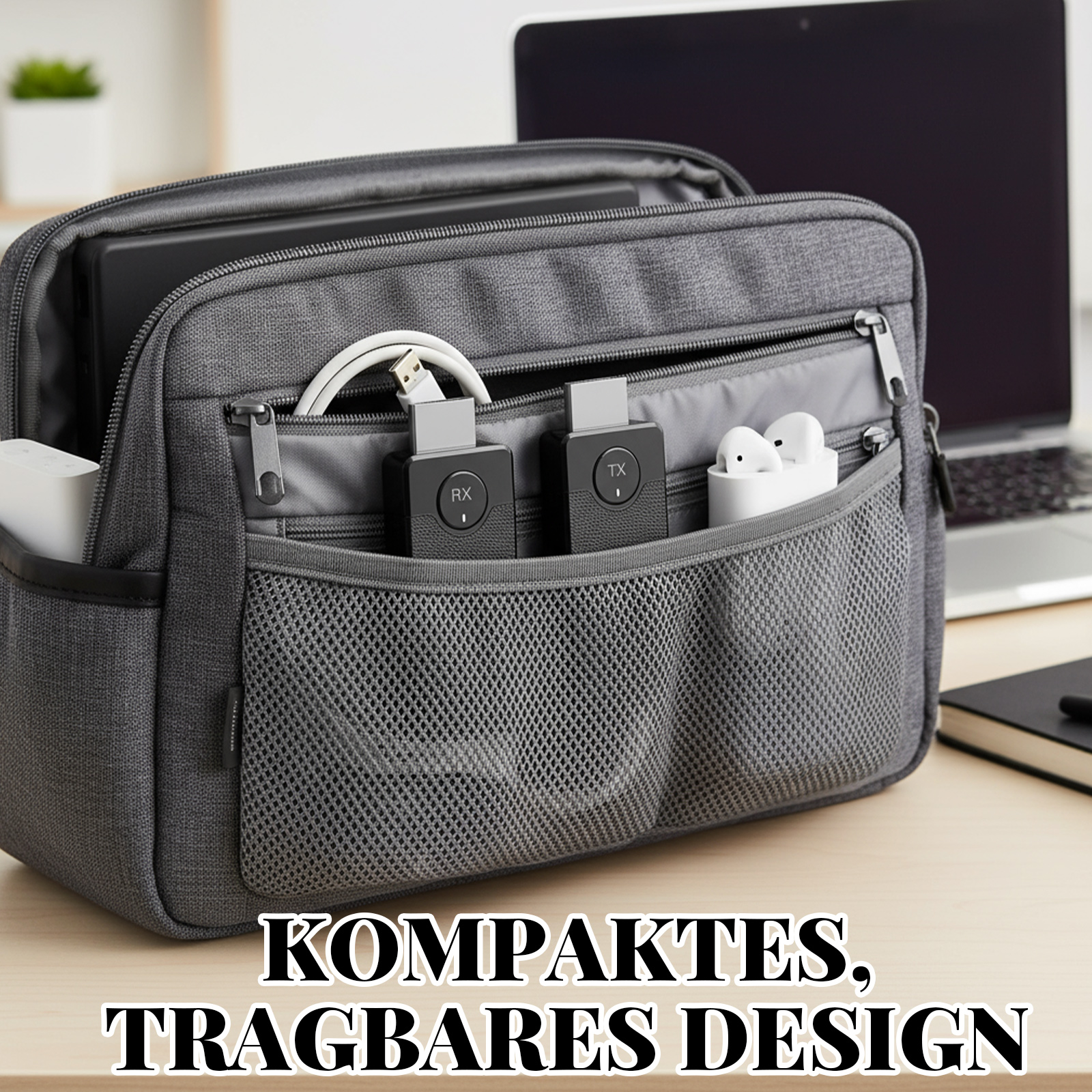 Graue Tasche mit Elektronik und Zubehör. Enthält Laptop, Ohrhörer und Ladekabel.