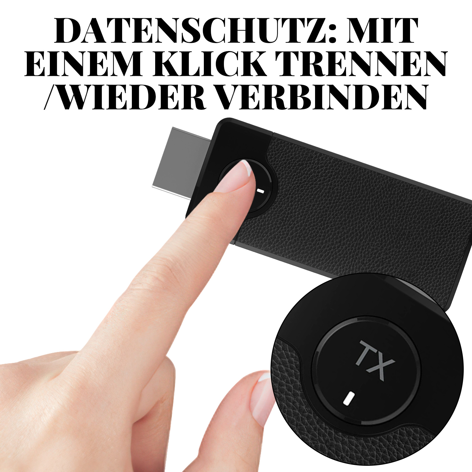 Ein Finger drückt auf eine Taste eines schwarzen Geräts. Text darüber: 'Datenschutz: Verbinden/Trennen'.