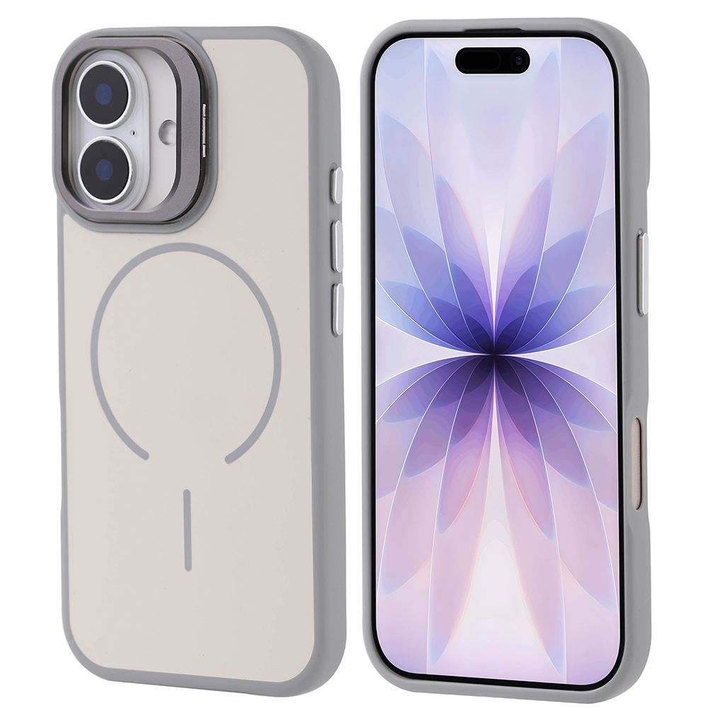 Gri kılıflı iki telefon. Biri kamera kurulumunu, diğeri çiçekli bir ekranı gösteriyor. Her ikisi de manyetik bir daireye sahip şeffaf bir arka yüze sahip.