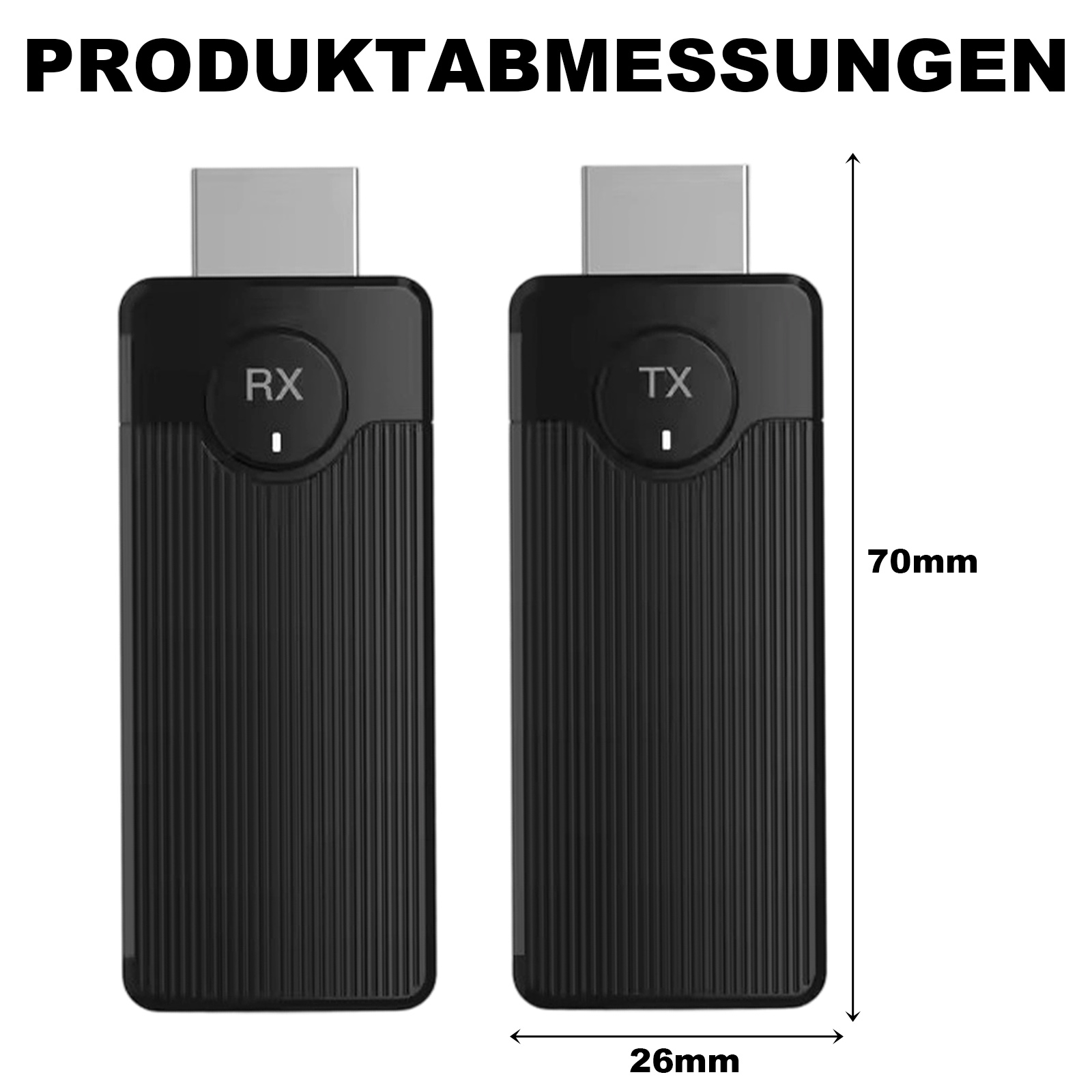 Zwei schwarze rechteckige Geräte mit den Bezeichnungen RX und TX, USB-C-Anschlüssen und Abmessungen. Produktmaße werden angezeigt.
