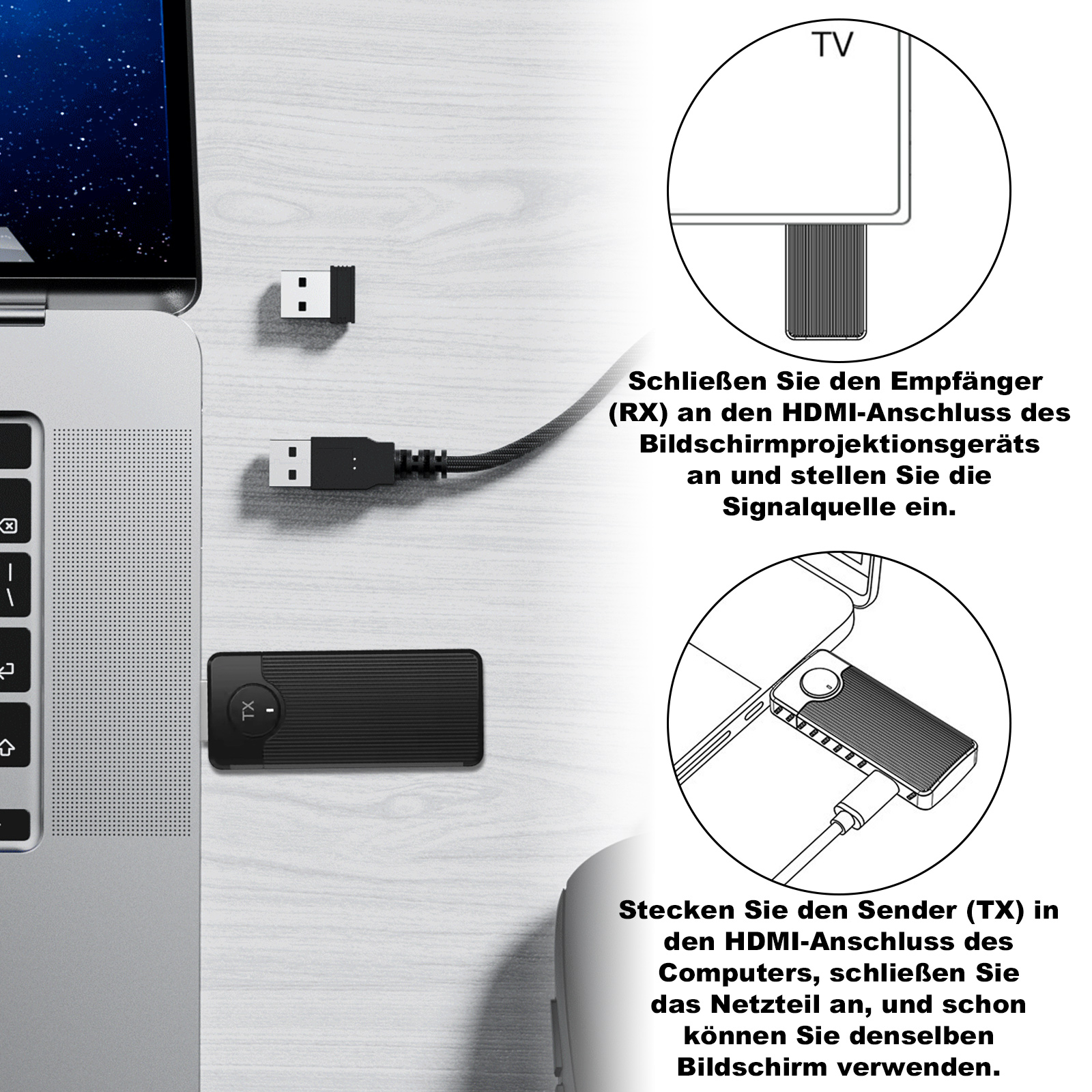 Das Bild zeigt USB-Anschlüsse, einen schwarzen Empfänger und einen Laptop. Anweisungen zur Verbindung mit einem Fernseher.