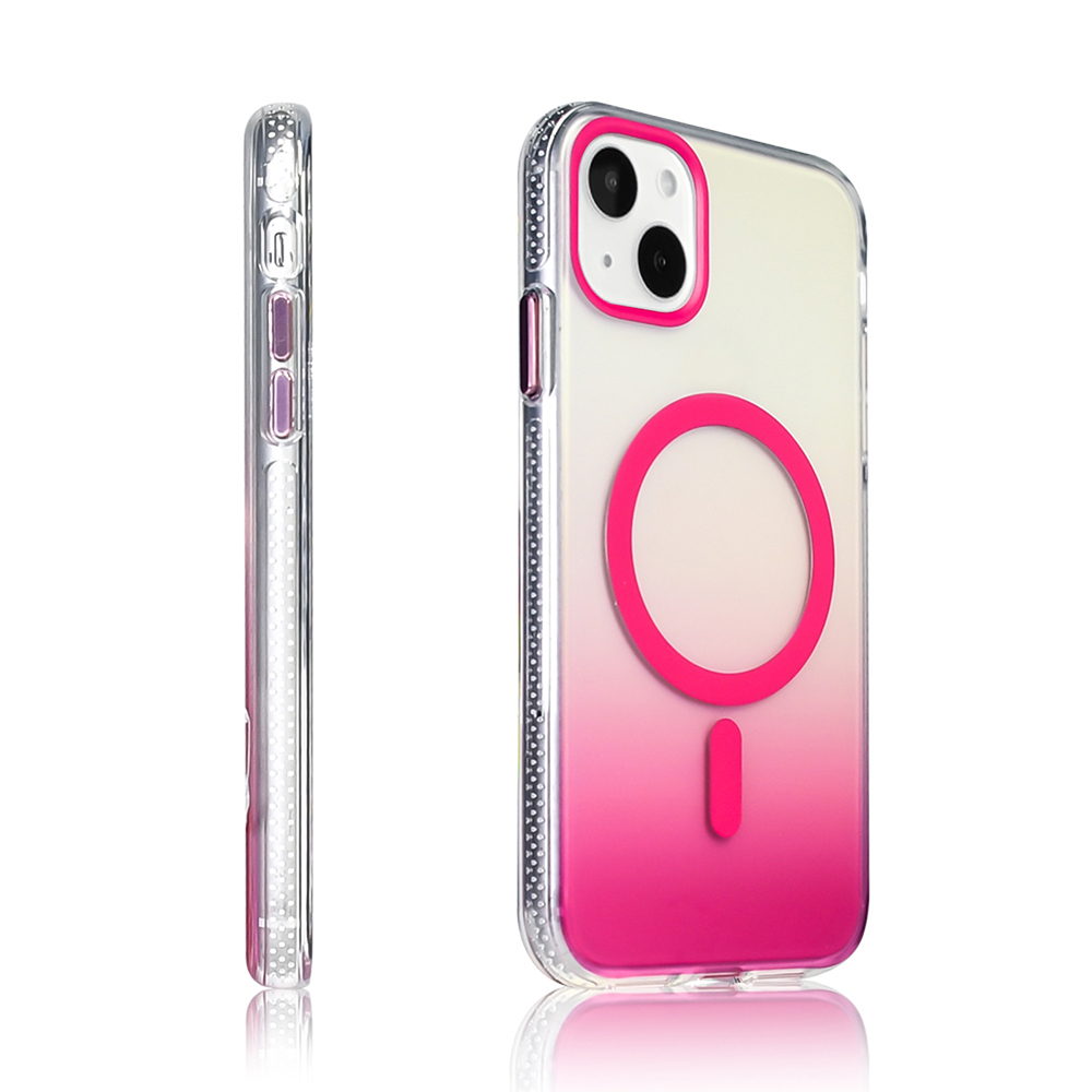 Pembe detaylı şeffaf telefon kılıfı. Arkasında pembe bir daire ve dikdörtgen tasarım bulunur. Kılıf yan ve ön görünümlerden gösterilmektedir.