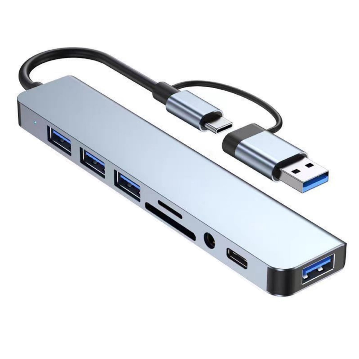 Silberner USB-Hub mit mehreren Anschlüssen, einschließlich USB, USB-C und Kartenleser-Steckplätzen, verbunden mit einem schwarzen Kabel.