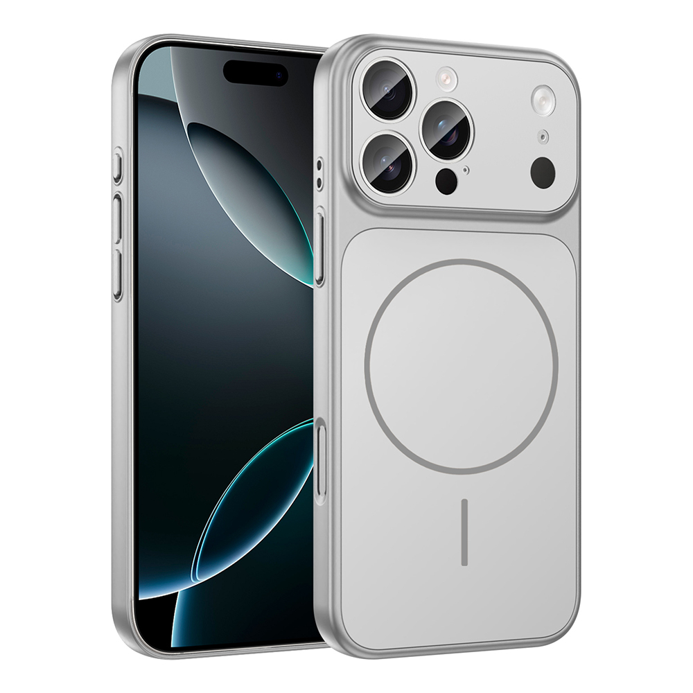 İçinde bir telefon bulunan gümüş bir telefon kılıfı. Kılıfın kamera oyuğu ve arkasında manyetik bir daire var.