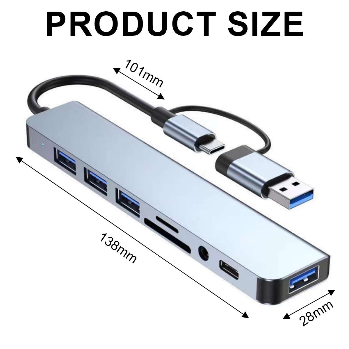 Ein silberner USB-Hub mit mehreren Anschlüssen, einem USB-C- und USB-A-Anschluss. Abmessungen sind beschriftet: 138 mm, 101 mm und 28 mm. Text: 'Produktgröße'.