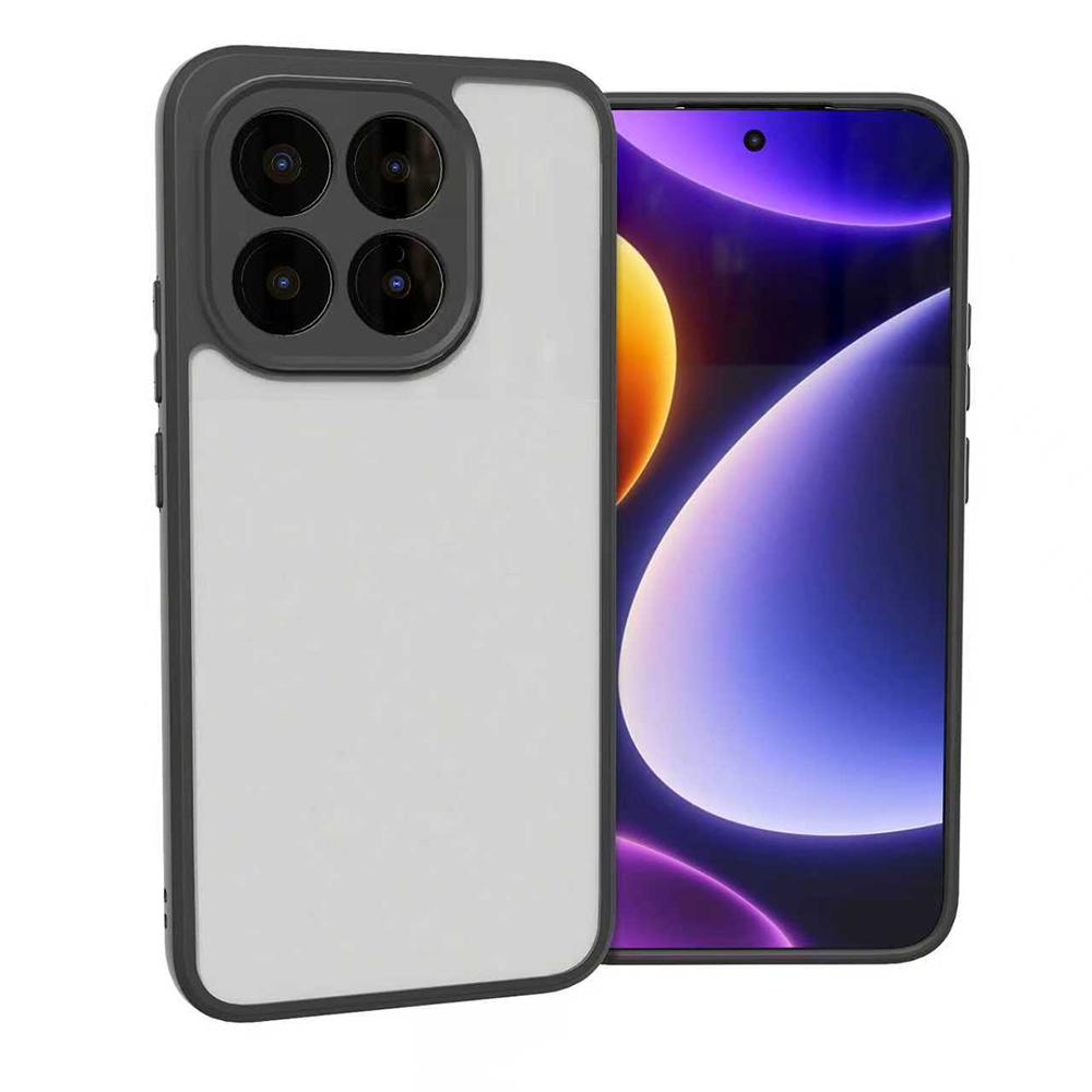Dört lensli bir kamera modülüne ve soyut bir görüntü gösteren bir ekrana sahip, kılıflı bir akıllı telefon.