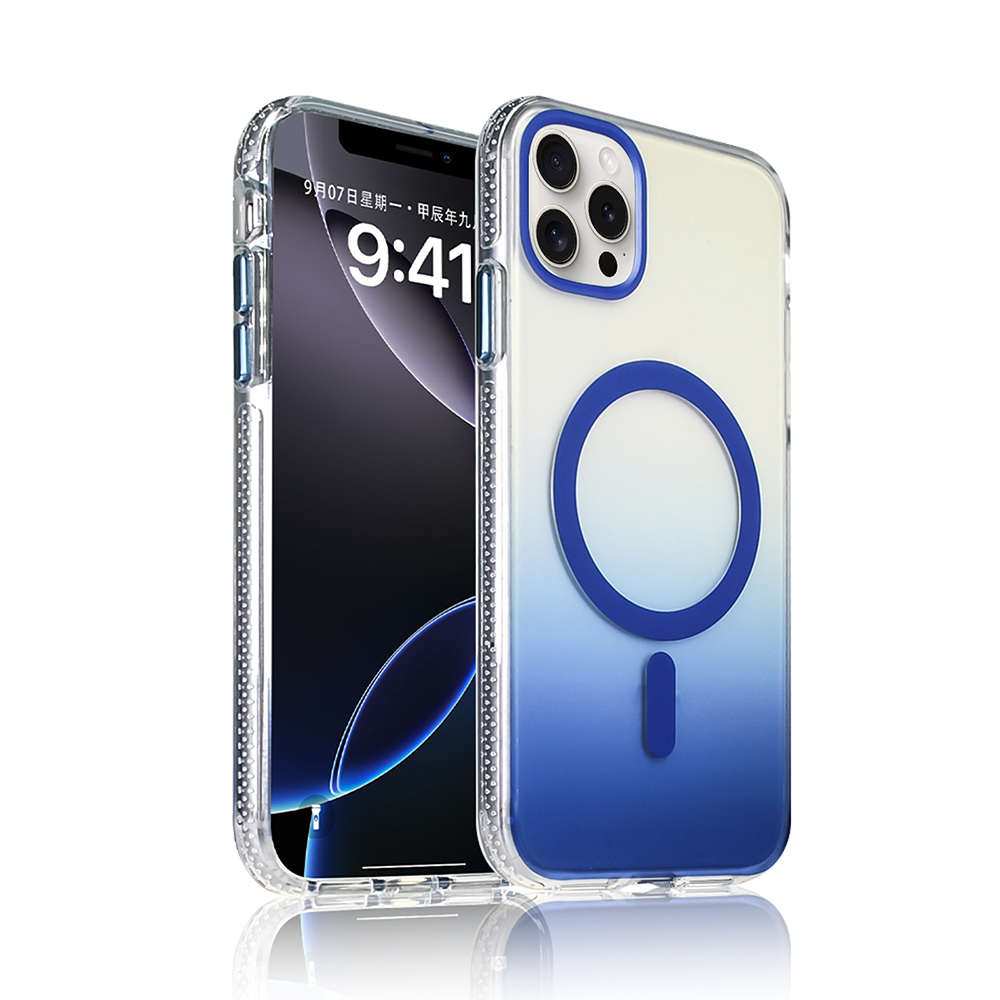 İki iPhone kılıfı. Solda, telefon ekranını gösteriyor. Diğeri, mavi degrade ve mavi bir daireye sahip şeffaf bir kılıf.