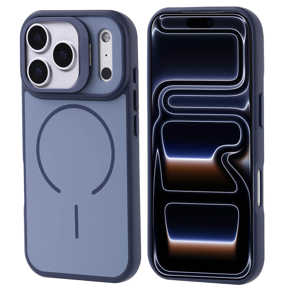 İki telefon kılıfı. Solda mavi bir kılıf, sağda iPhone kılıfı. Her ikisi de koyu mavi. Sol kılıfın kamera kesimi var.