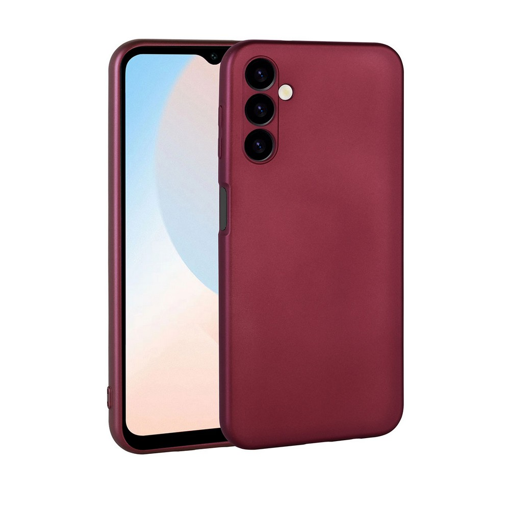 İçinde bir telefon bulunan bordo renkli bir telefon kılıfı. Kılıfta kamera boşlukları ve düğmeler var. Telefon ekranı görünür durumda.