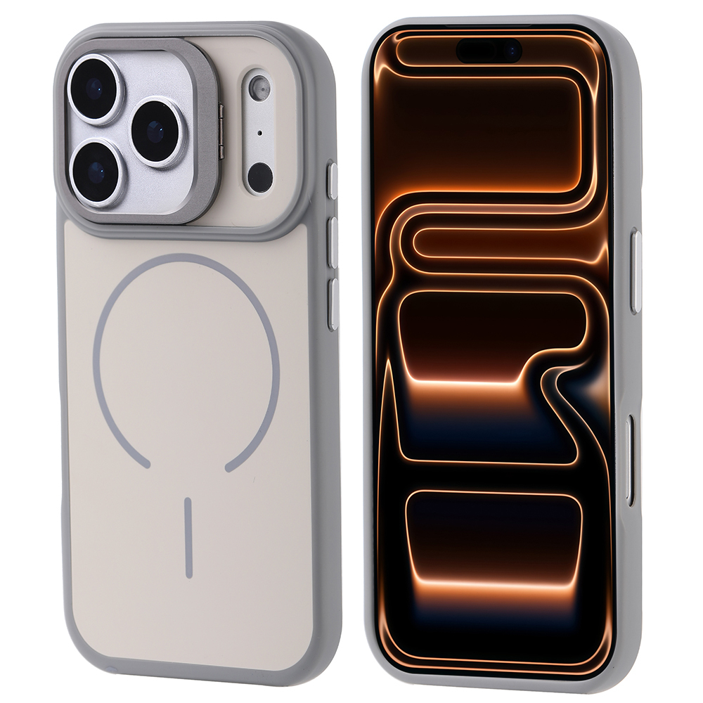 İki telefon kılıfı. Biri kamera ve MagSafe ile arka tarafı gösterir. Diğeri ise parlayan desenli ekranı gösterir.
