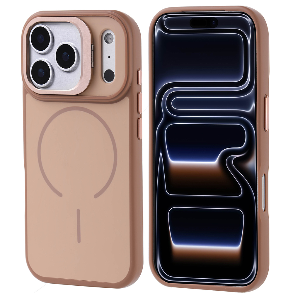İki telefon kılıfı. Biri kamerayı, diğeri ekranı gösteriyor. Her ikisi de kahverengi, içleri açık kahverengi.