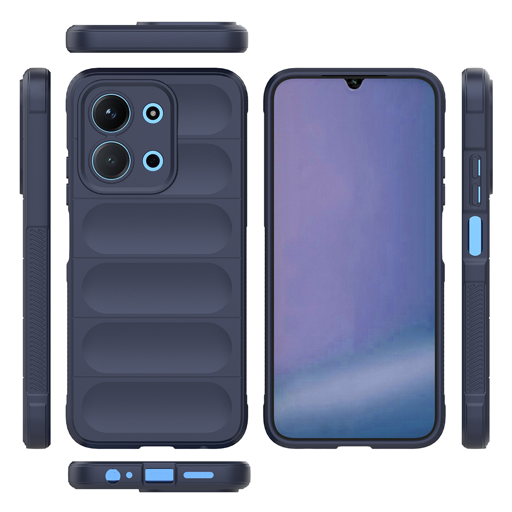 Koyu mavi bir telefon kılıfı. Kamera kesimi, ekranı ve yanlarında düğmeleri var. Kılıf, koruyucu bir telefon aksesuarıdır.