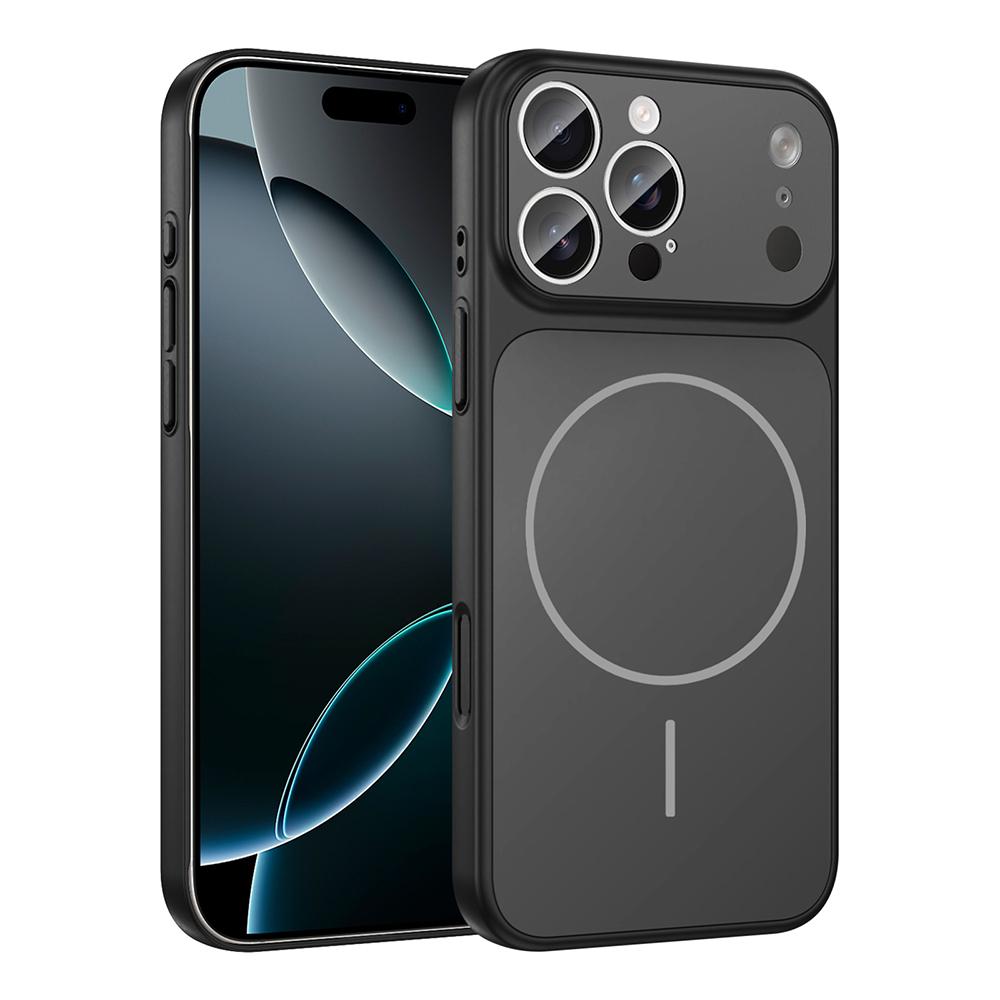 Siyah bir akıllı telefon ve siyah bir telefon kılıfı. Kılıfta manyetik bir daire ve kamera lensleri var. Telefon ekranı görünüyor.