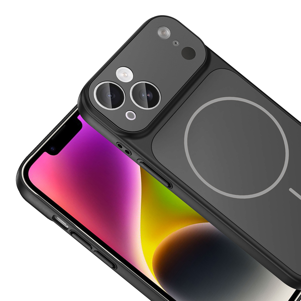Bir telefonun üzerinde siyah bir telefon kılıfı. Kılıfın kamera kesikleri ve dairesel bir tasarımı var. Telefon ekranında renkli bir ekran görünüyor.