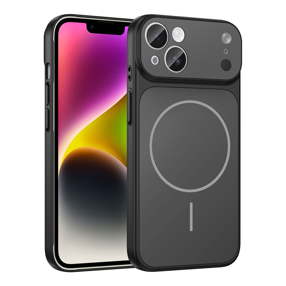 İçinde bir telefon bulunan siyah bir telefon kılıfı. Kılıfın kamera oyukları ve arkasında dairesel bir tasarımı var.