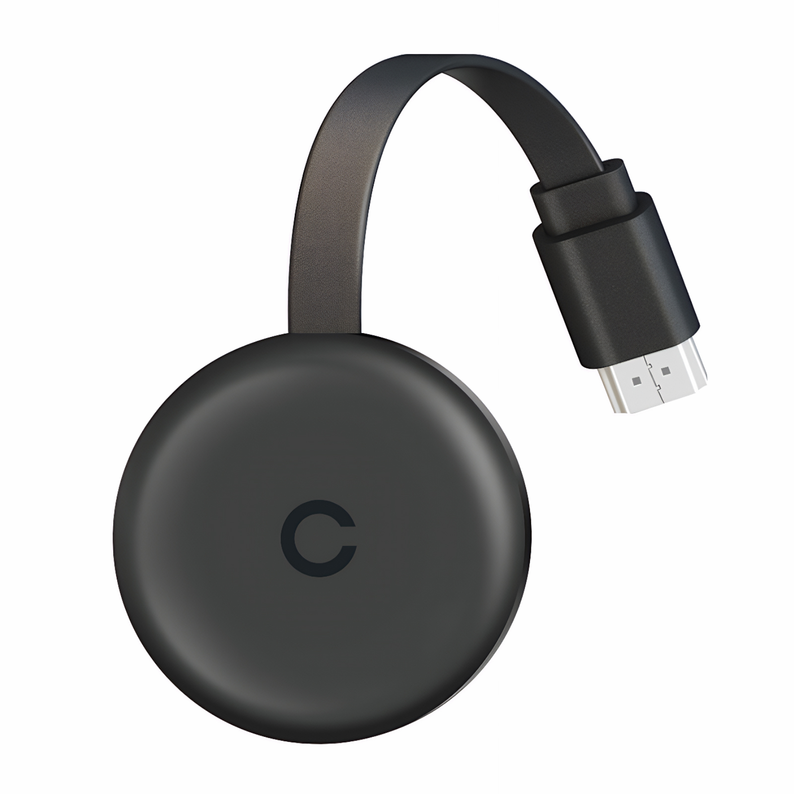 Ein schwarzes Chromecast-Gerät mit gebogenem Kabel und USB-Anschluss.