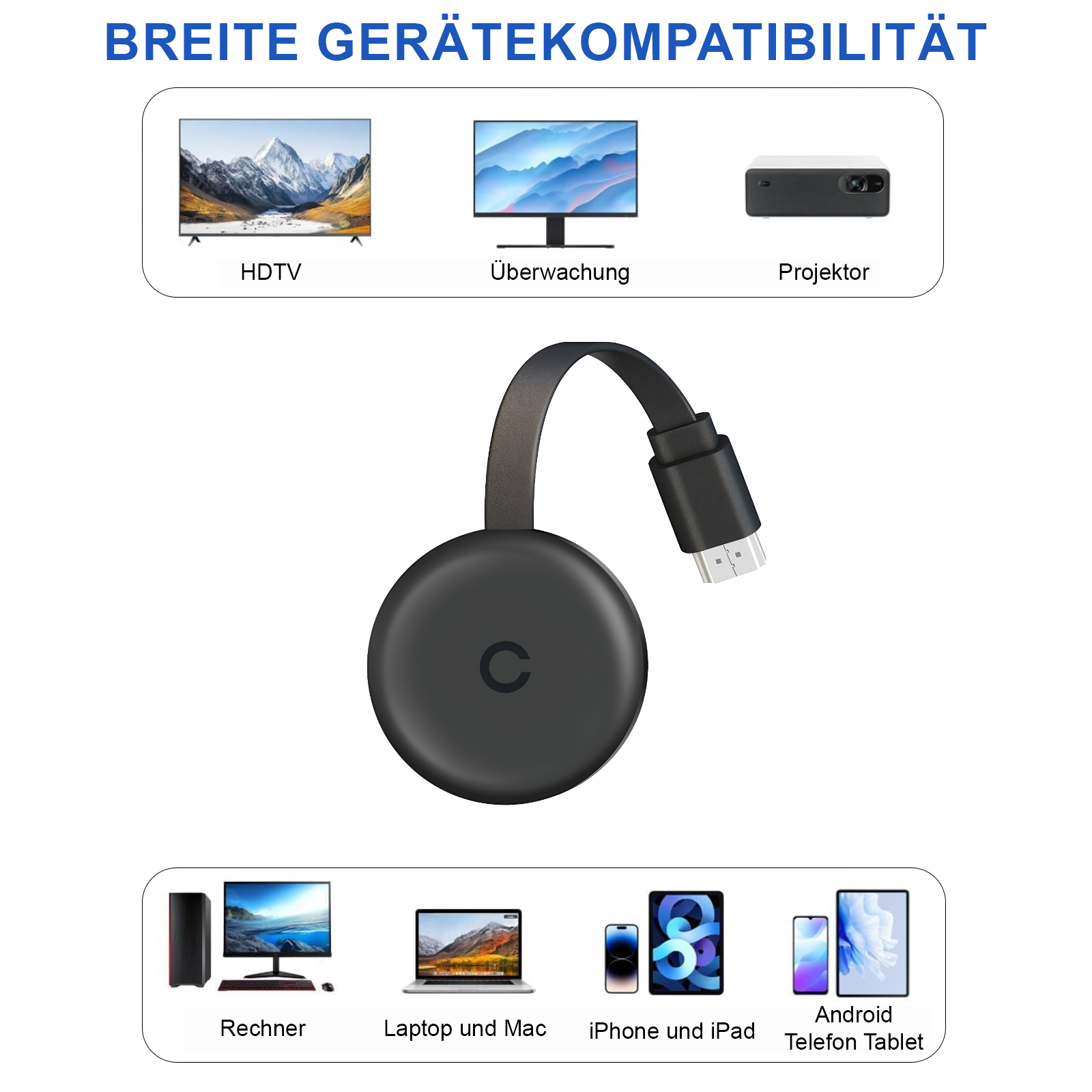 Ein schwarzes rundes Gerät mit einem Kabel, das mit verschiedenen elektronischen Geräten verbunden ist.