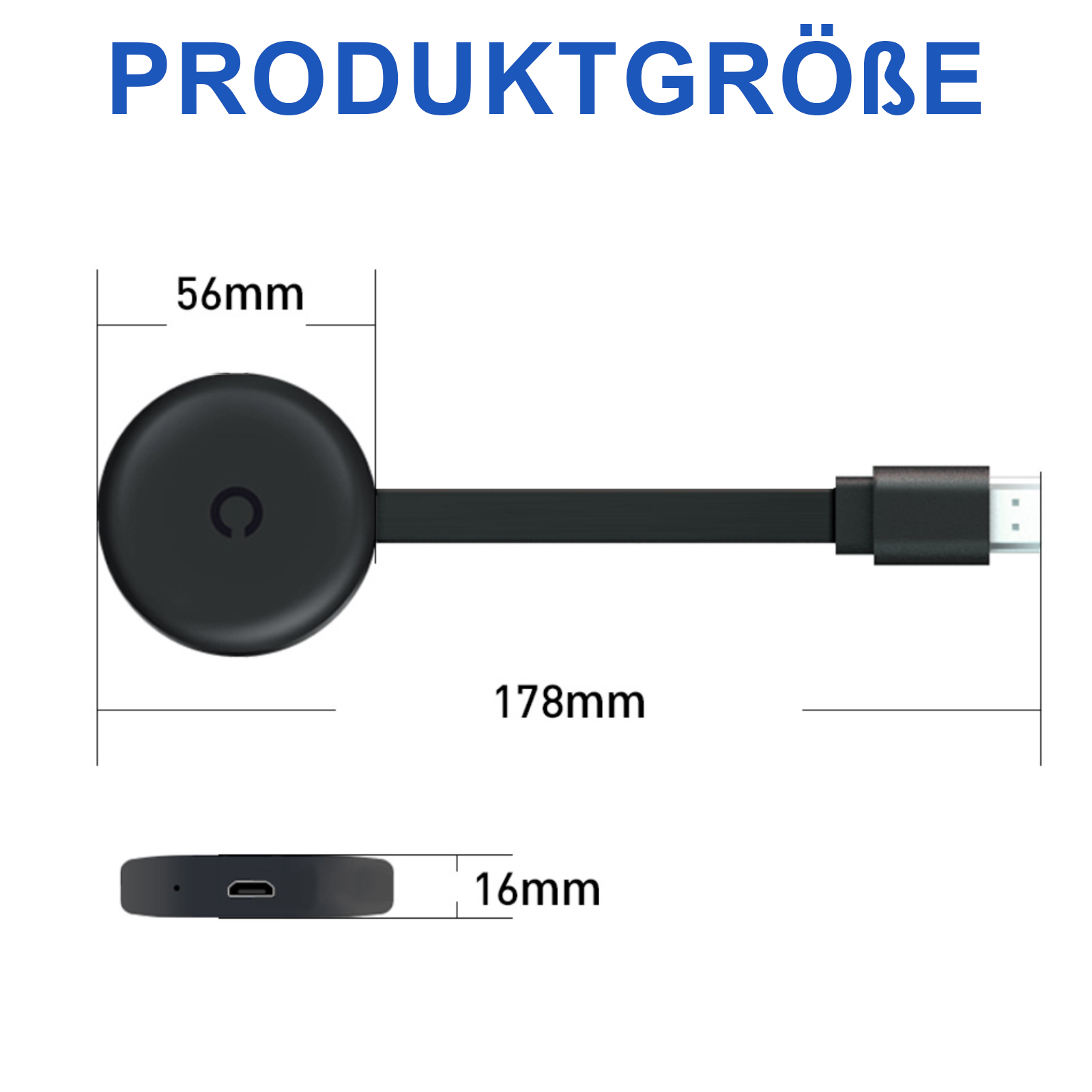 Schwarzes Gerät mit Kabel, Abmessungen beschriftet. Oben steht 'PRODUKTGRÖßE'. Maße: 56 mm, 178 mm und 16 mm.