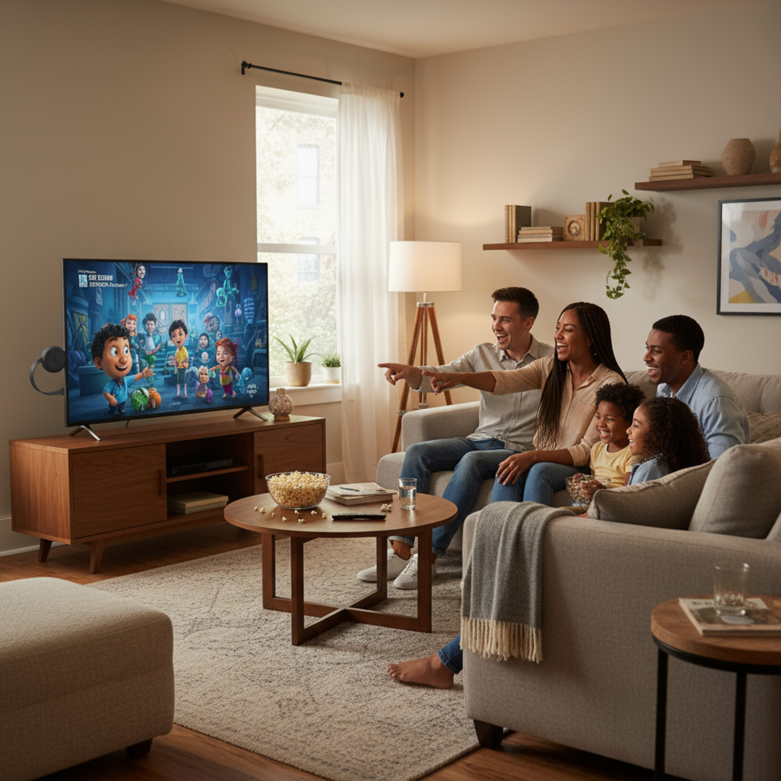 Familie schaut fern, zeigt auf den Bildschirm. Popcorn auf dem Tisch. Wohnzimmer mit Sofa, Lampe und Fenster.