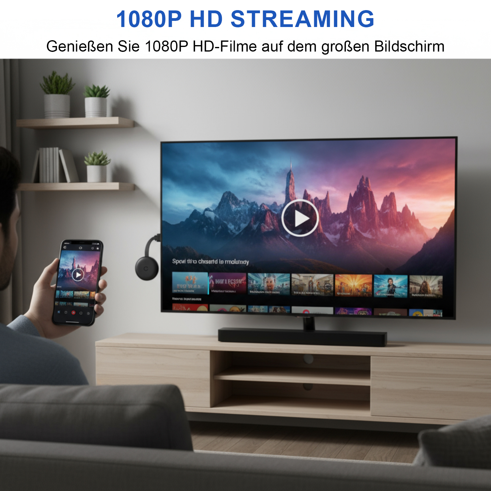 Mann streamt mit Handy auf TV. TV zeigt Video. Chromecast an der Seite.