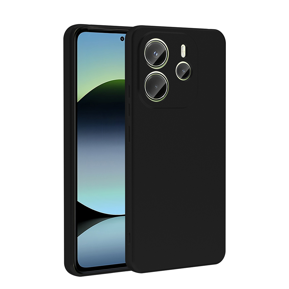 Ekranında gradyan bulunan siyah telefon, kamera oyukları olan siyah bir telefon kılıfının yanında.