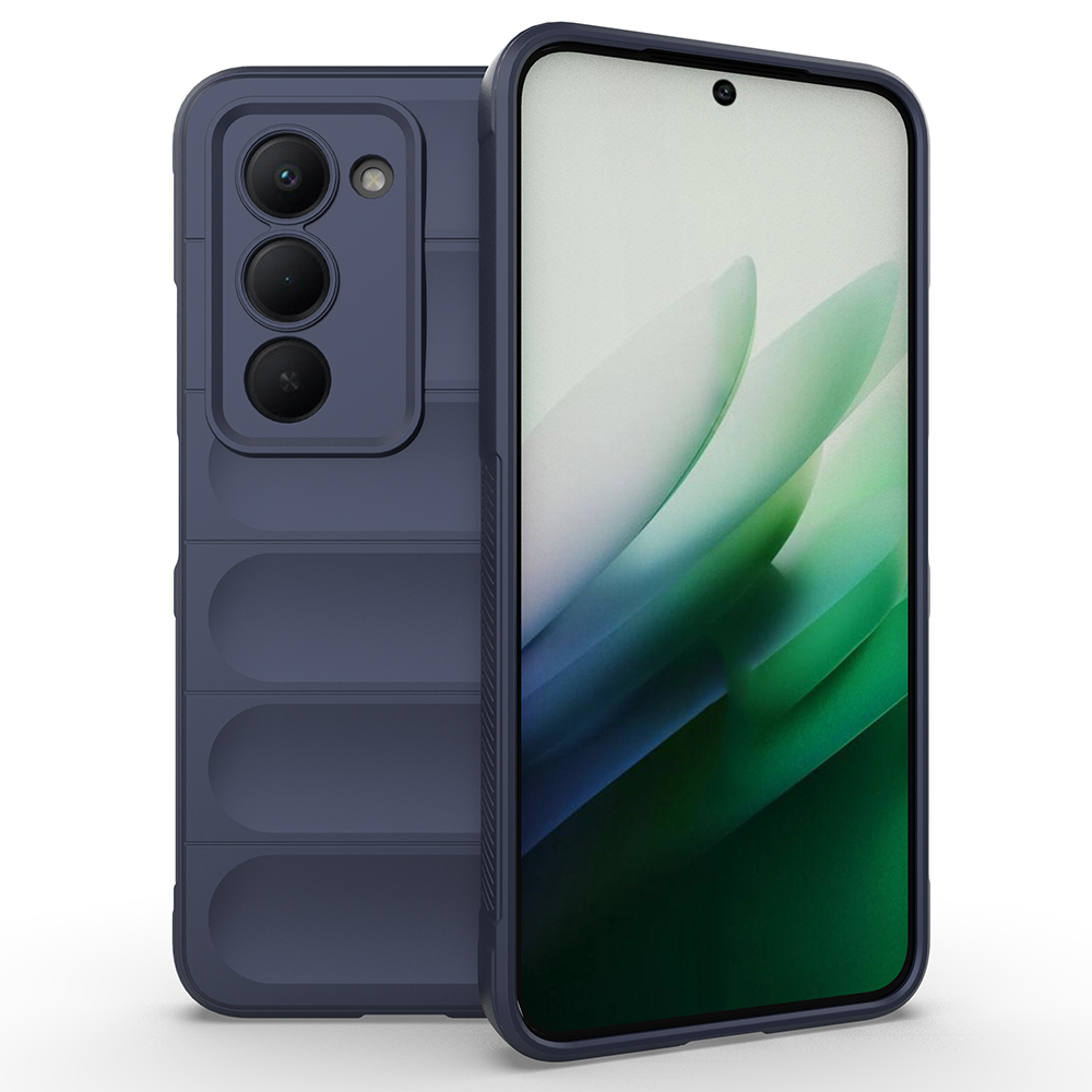 Ekranında beyaz ve yeşil grafik bulunan bir telefonun yanında, koyu mavi bir telefon kılıfı. Kılıfın birden fazla kamera kesimi var.