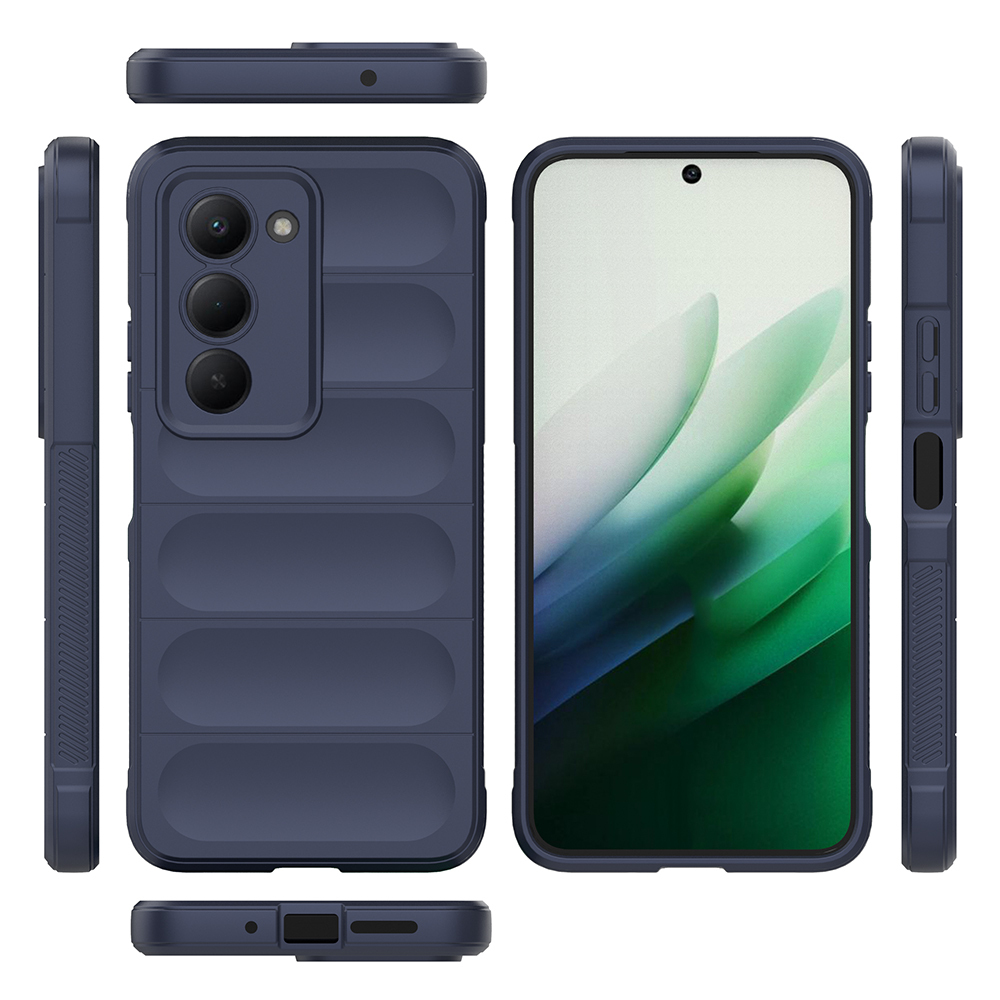 Koyu mavi bir telefon kılıfı. Kılıfın kamera kesimi ve düğme detayları var. Yeşil bir desen gösteren bir telefon ekranı görülüyor.