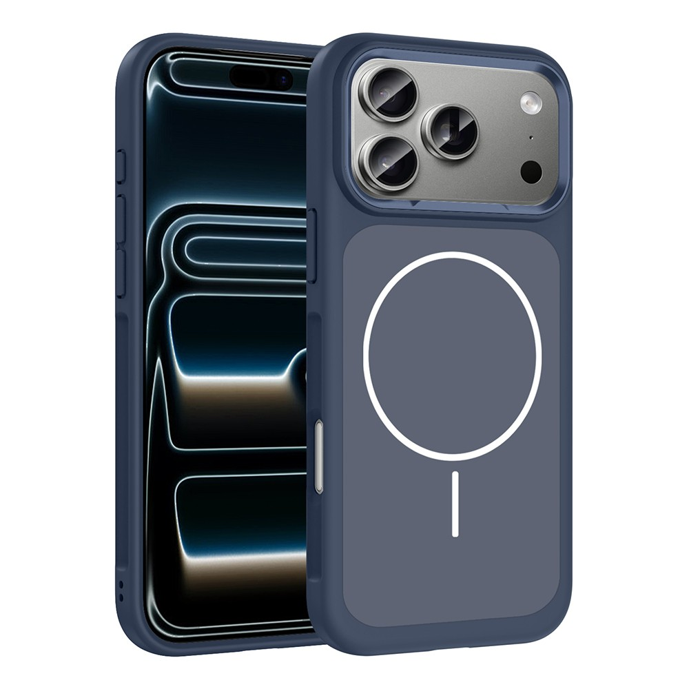 Koyu mavi bir iPhone, koyu mavi bir kılıfın içinde. Kılıfın arkasında beyaz bir daire ve çizgi var. Telefonda üç kamera var.