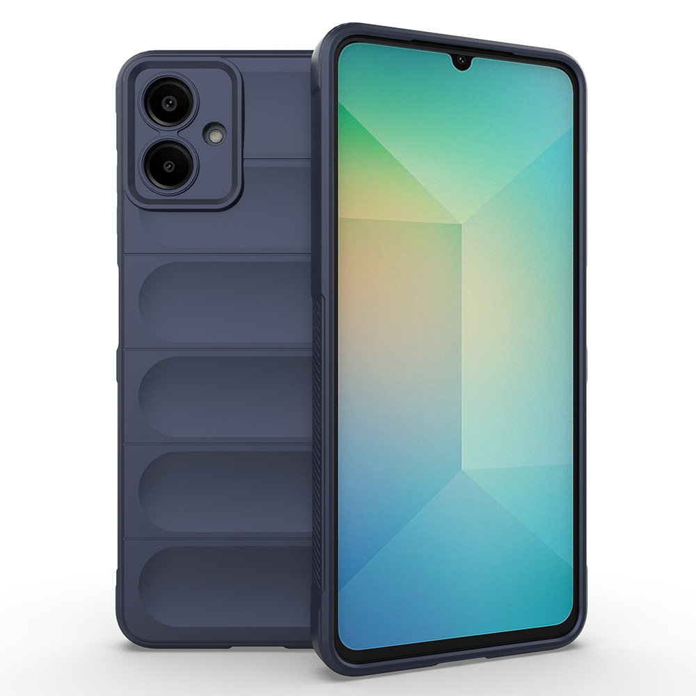 Lacivert bir telefon ve kılıfı gösteriliyor. Ekran renkli geometrik bir tasarıma sahip. Kılıfın dokulu bir arka yüzü var.