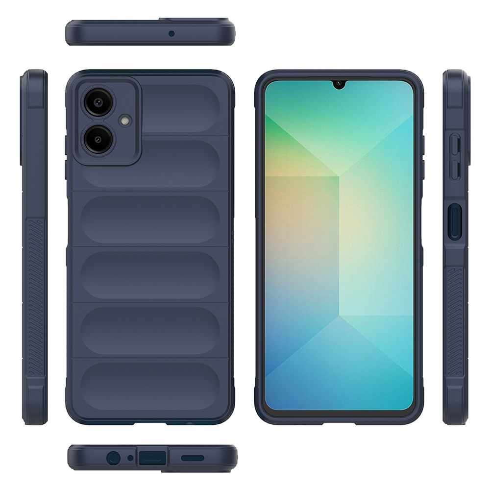 Koyu mavi bir telefon kılıfı. Ön kısımda ekran görülüyor. Kılıfın çoklu görünümleri kamera, düğmeler ve portları gösteriyor.