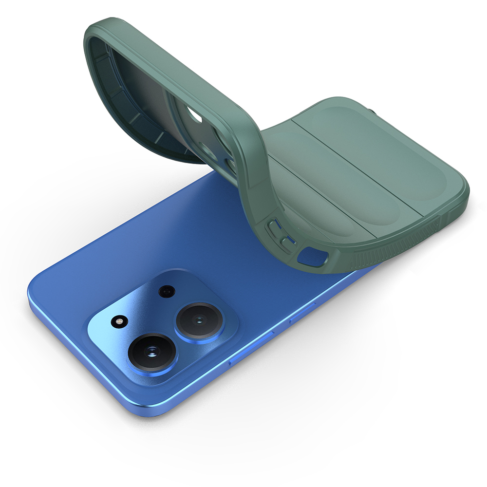 Kaldırılan yeşil bir kılıfı olan mavi bir akıllı telefon. Kılıf, kamera delikleri ve telefonun arkası ile beyaz bir arka planı gösteriyor.