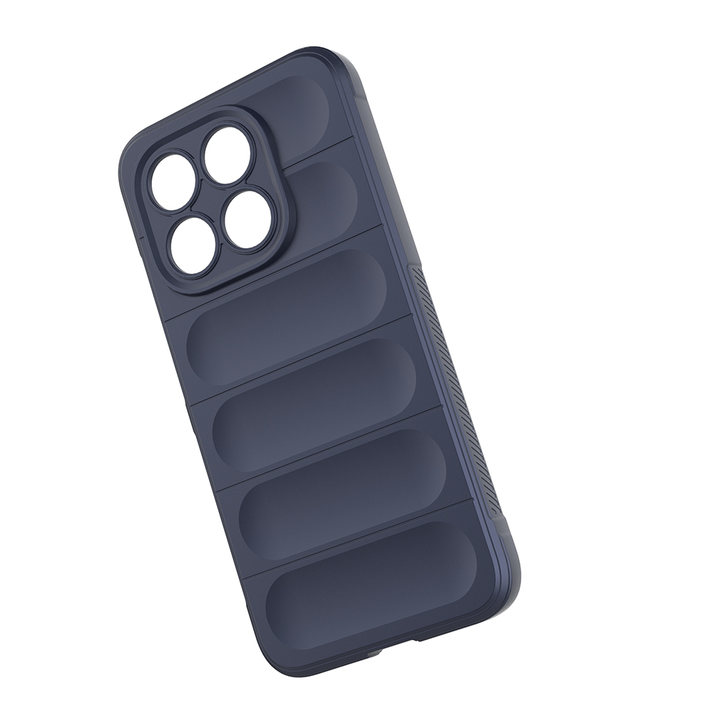 Koyu mavi bir telefon kılıfı. Dört kamera açıklığına ve bir dizi yatay gömme dikdörtgene sahiptir. Arka plan beyazdır.