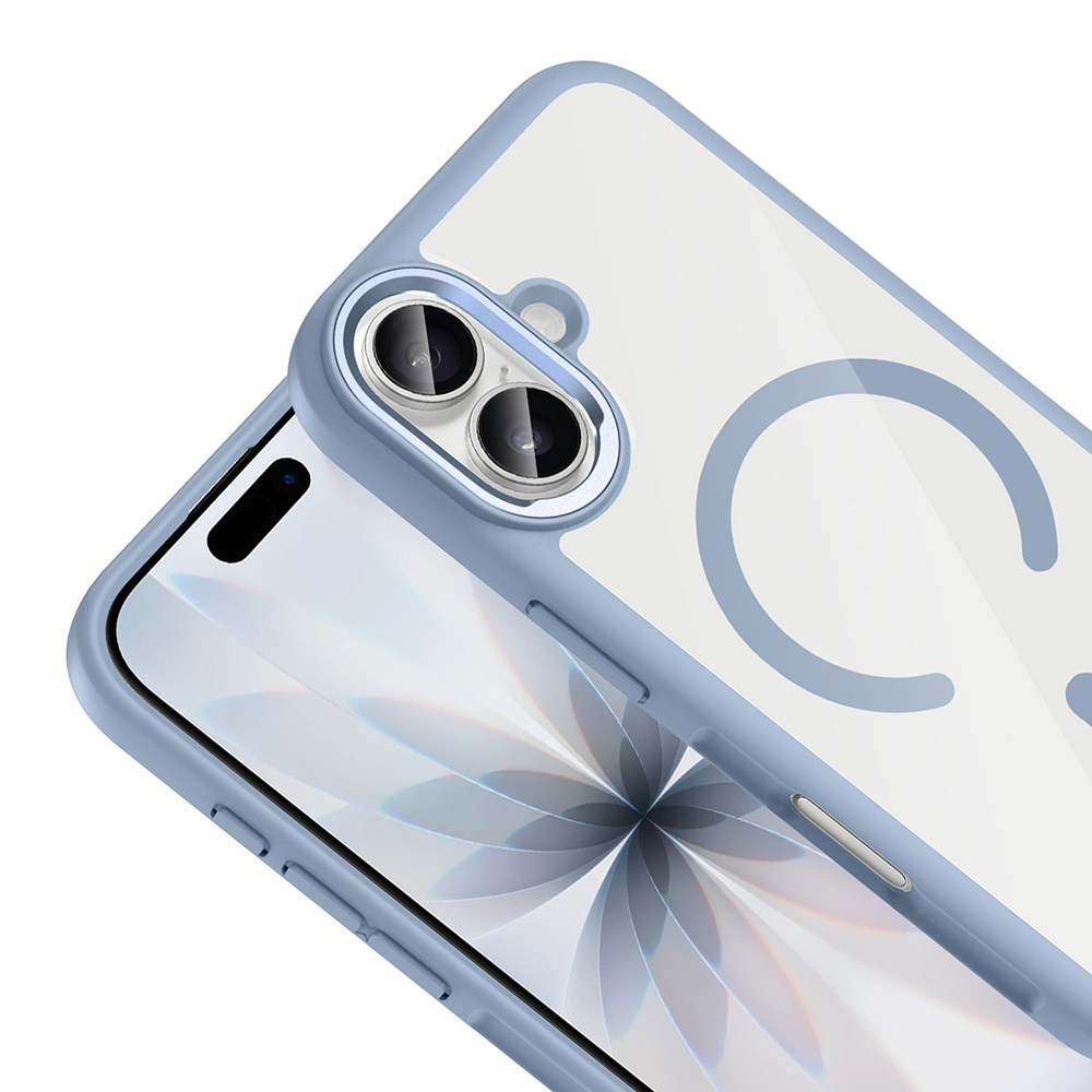 Bir telefon kılıfının yakın çekimi. Kılıf mavi ve şeffaf arkalı. Telefonun iki kamera lensi var.