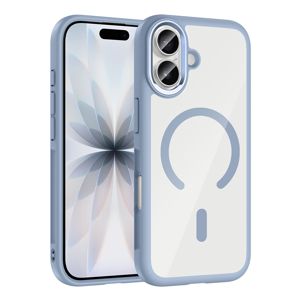 Açık mavi kılıflı bir iPhone. Kılıfın arkası şeffaf, dairesel ve çizgi şeklinde bir tasarıma sahip. Telefon ekranı görünüyor.