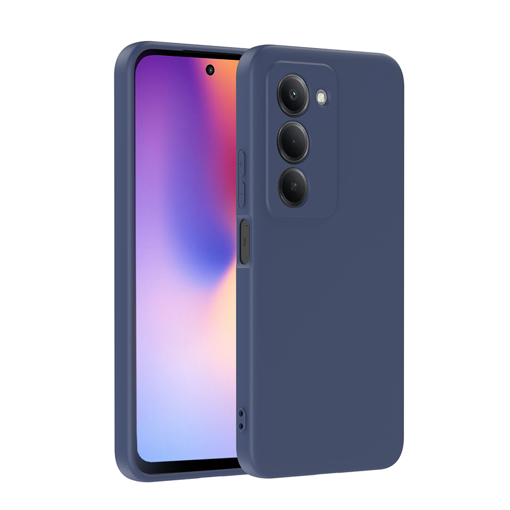 Koyu mavi bir telefon, koyu mavi bir kılıfla hafifçe açılmış, ekranı gösteriyor. Telefonda üç kamera var.