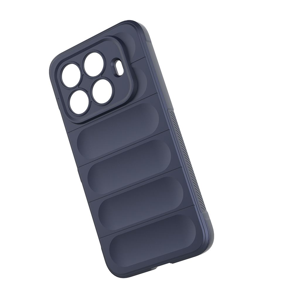 Koyu mavi bir telefon kılıfı. Dört daire ve daha küçük bir delik bulunan bir kamera kesiği vardır. Kılıfın dört yatay girintisi vardır.